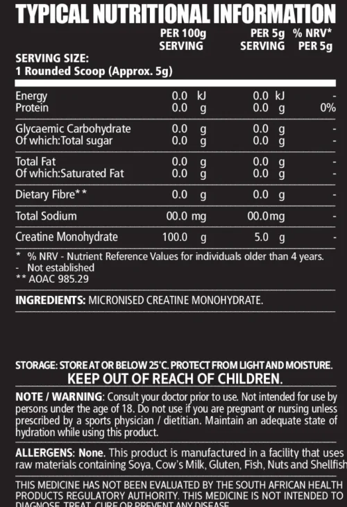Creatine Monohydrate 500g nutritional information