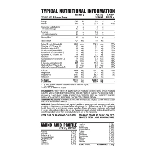 Whey Slim 820G Nutritional Information